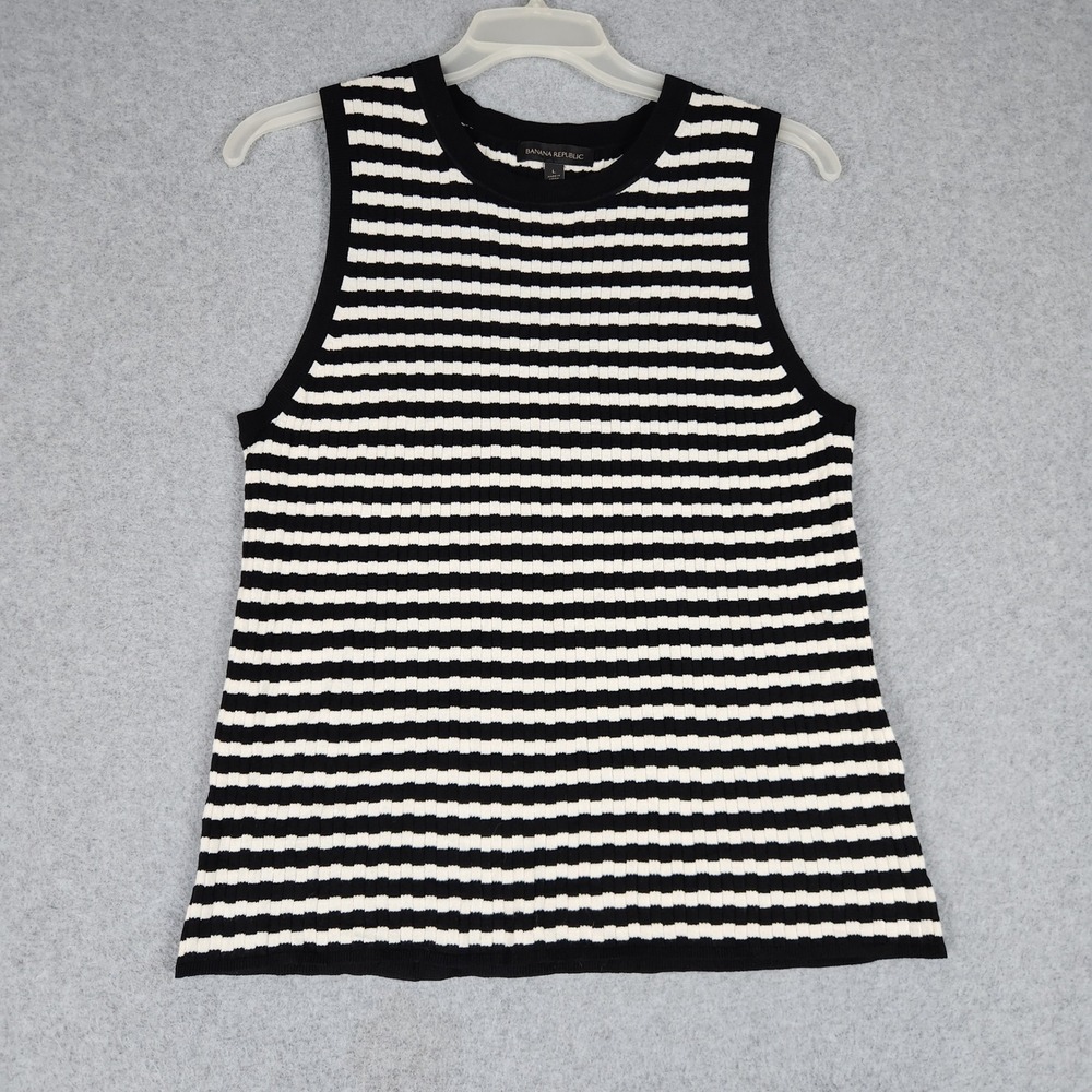 Banana Republic Tank Top Women L Black White Horizontal Striped Ribbed Crew Neck